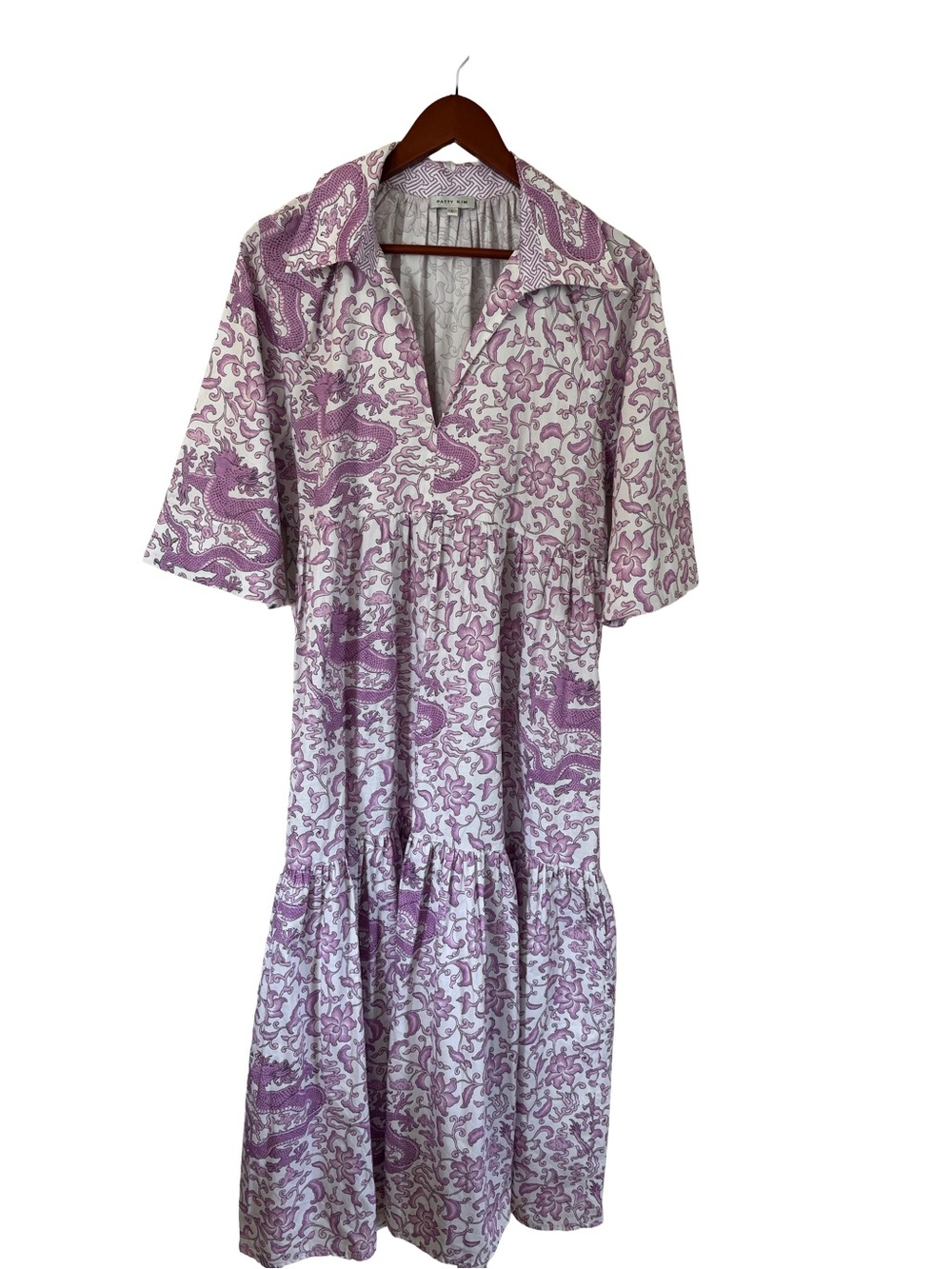 Beautiful Patty Kim Pink/Purple Floral Tiered Midi Dress with Dragons Size Large
